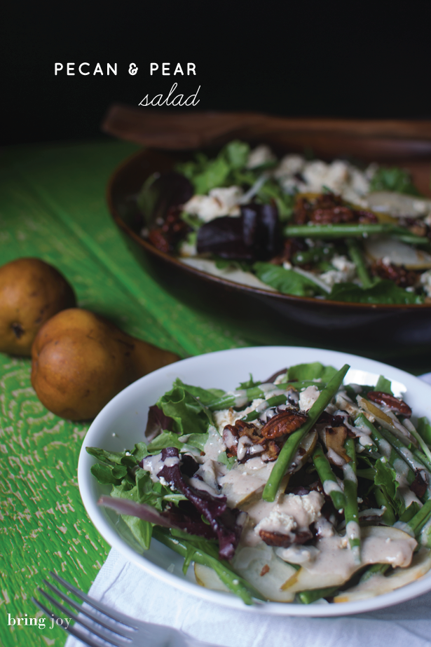 pear salad with sweet & spicy pecans + creamy pecan dressing